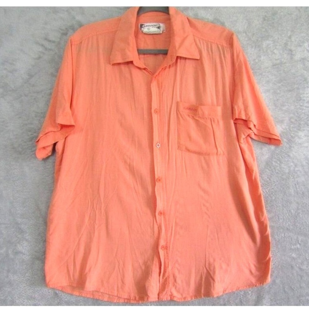 Y2K BAMBOO L Coral Orange Short Sleeve Button Up Shirt 100% Bamboo Resort VTG